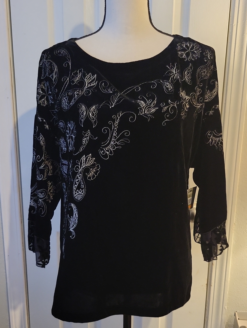John Mark Black Velvet Top With White Embroidery
